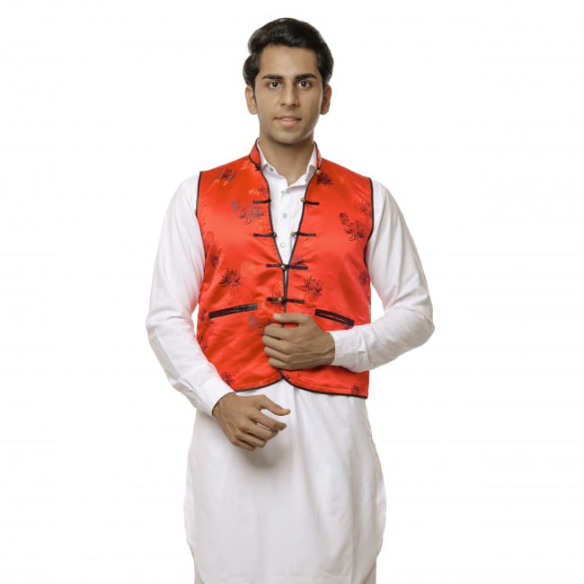 Handwoven Red Cotton Designer Jacket Leh - L