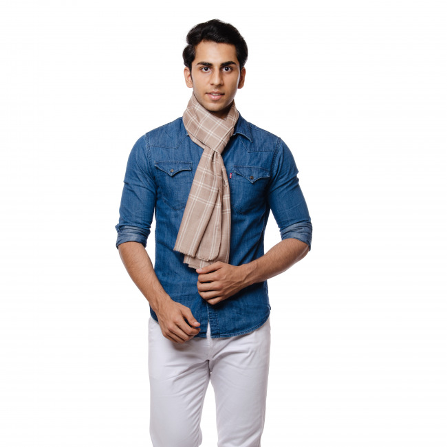 Handwoven Pure Pashmina Brown Check Muffler Leh