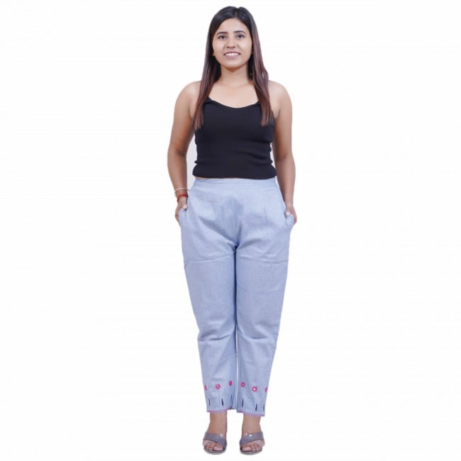 Tribes India Hand Embroidered Denim Blue Narrow Pant