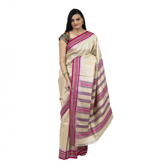 Tribes India Tassar Multicolour Saree With Border