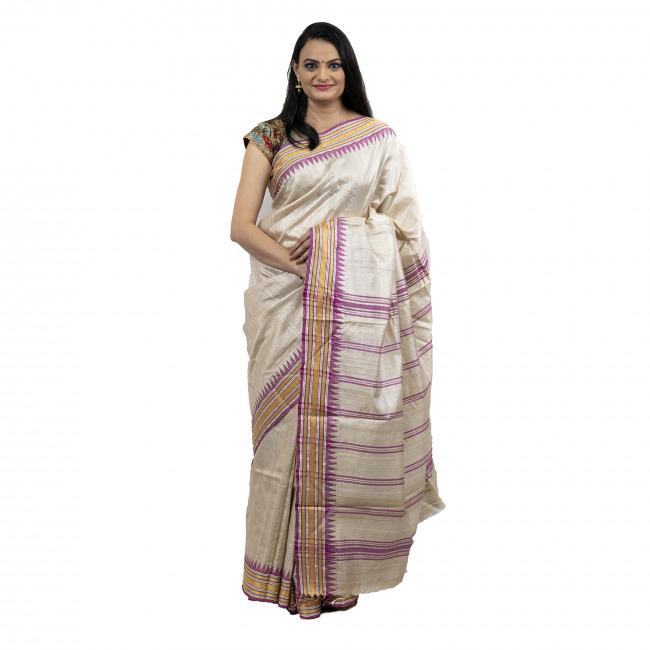 Tribes India Tassar White Saree With Border