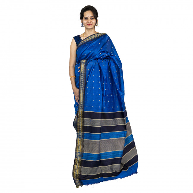 Handwoven Tussar Silk Blue Saree