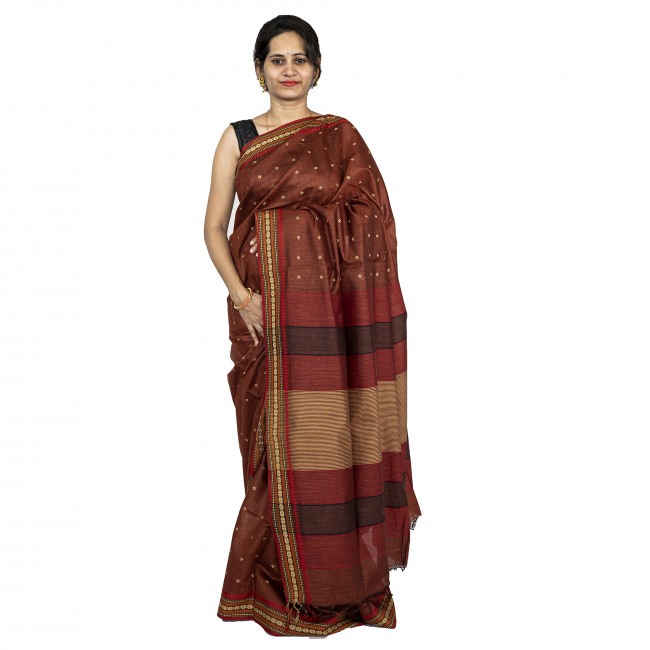 Handwoven Tussar Silk Dark Brown Saree