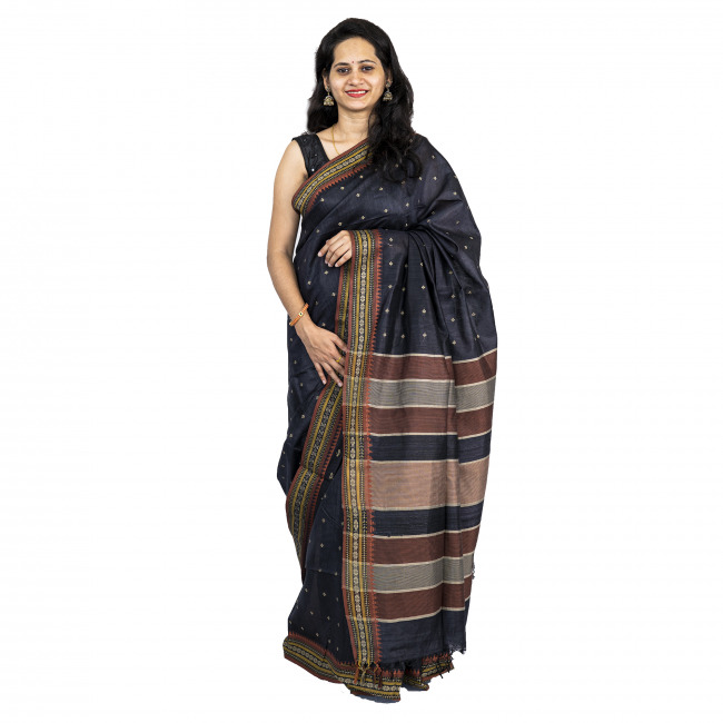 Handwoven Tussar Silk Black Saree