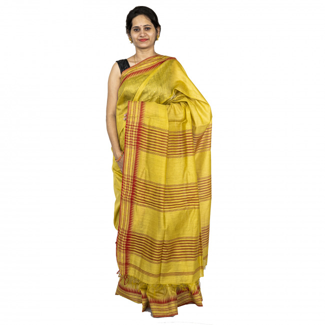 Handwoven Tussar Silk Temple Yellow Saree