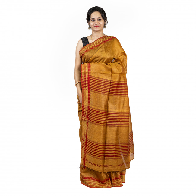 Handwoven Tussar Silk Temple Brown Saree