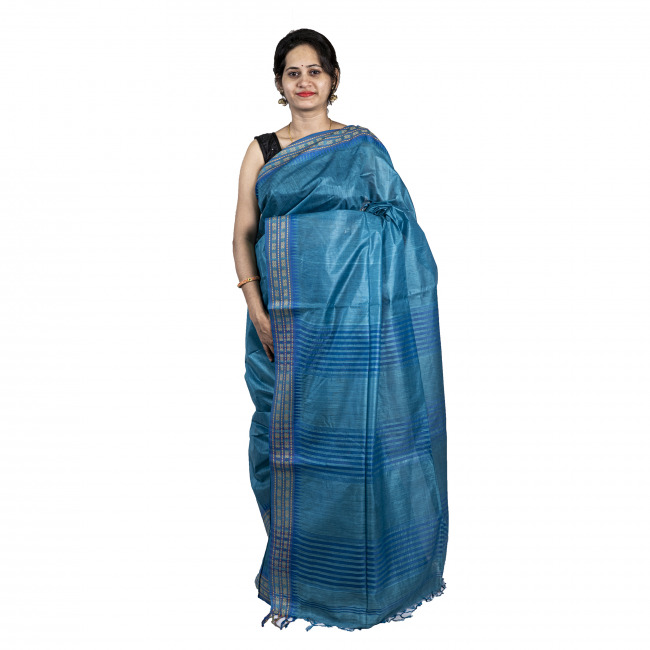 Handwoven Tussar Silk Temple Blue Saree