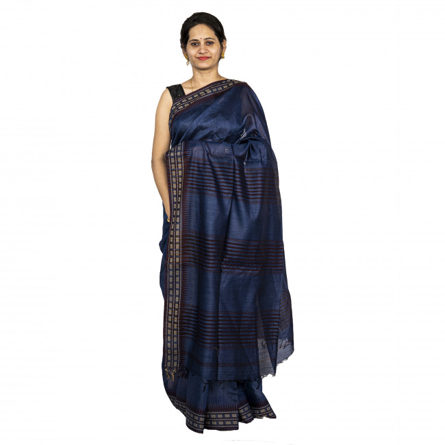 Handwoven Tassar Silk Temple Navy Blue Saree