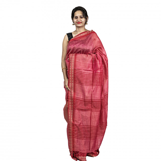 Handwoven Tussar Silk Temple Pink Saree