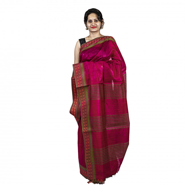 Handwoven Tussar Silk Temple Pink Saree