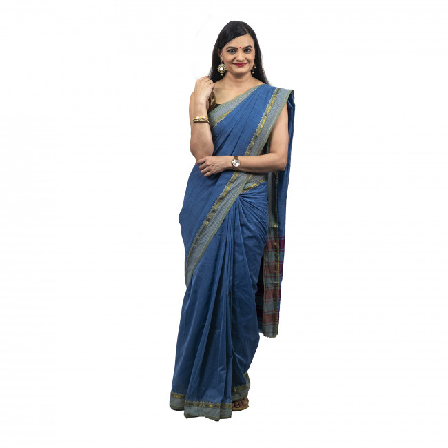 Tribes India Cotton Nagpuri Blue Saree