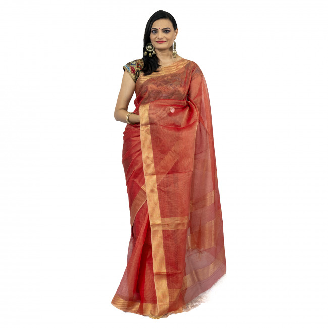 Tribes India Tassar Net Jari Red Saree