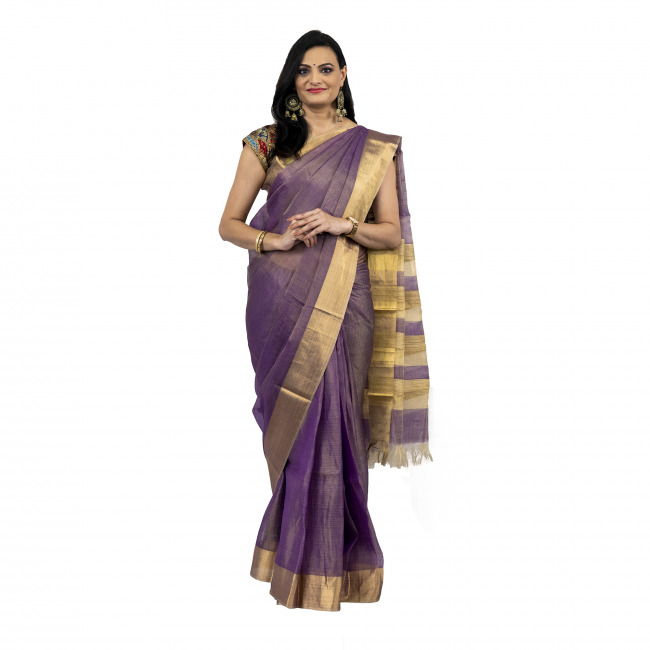 Tribes India Tassar Net Jari Purple Saree