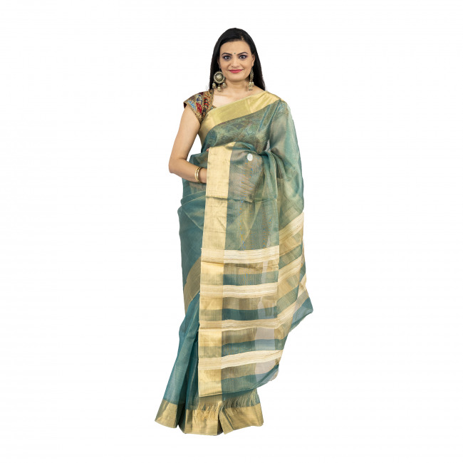 Tribes India Tassar Net Green Jari Saree