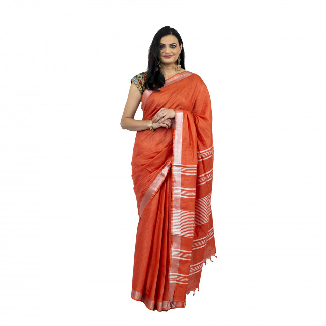 Tribes India Linen Cotton Orange Saree