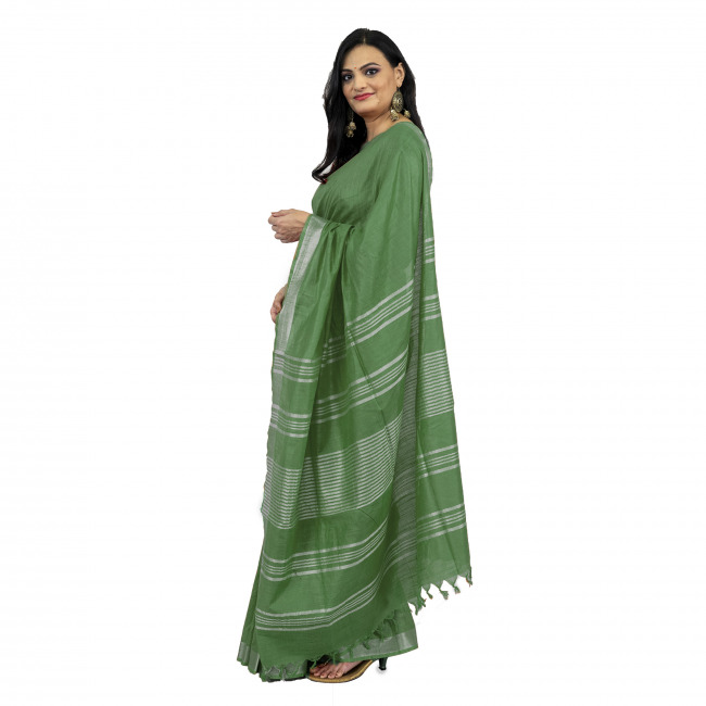 Tribes India Linen Cotton Green Saree