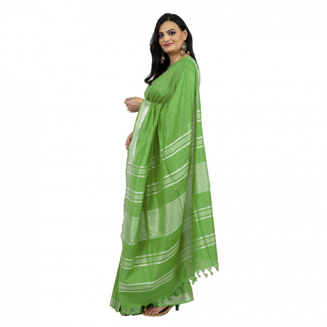 Tribes India Linen Cotton Parrot Green Saree