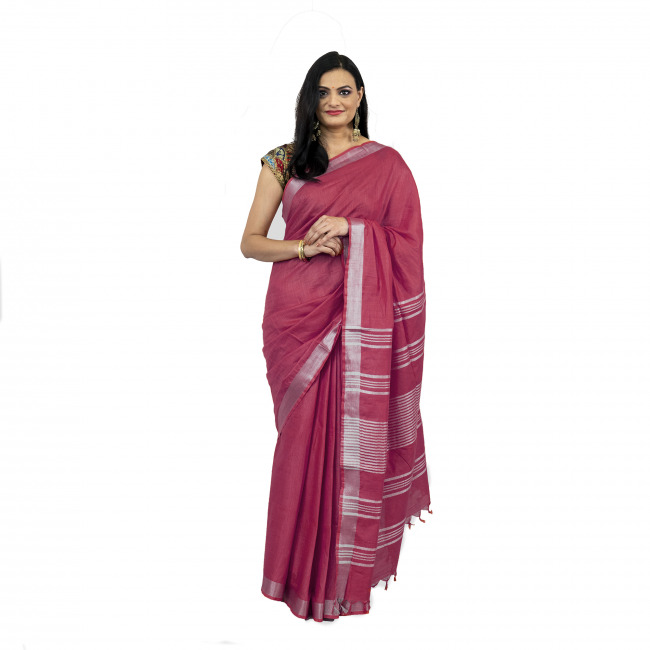 Tribes India Linen Cotton Maroon Saree
