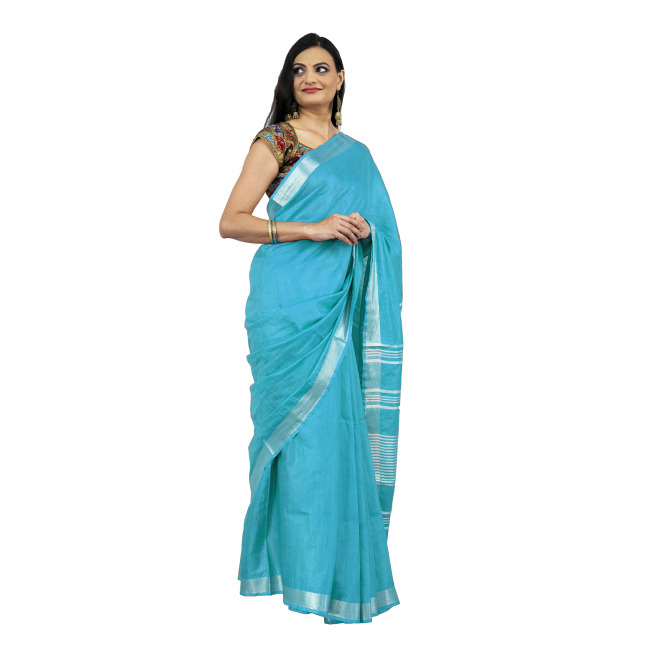 Tribes India Linen Cotton Blue Saree