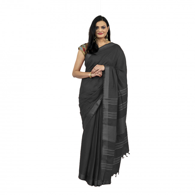 Tribes India Linen Cotton Black Saree