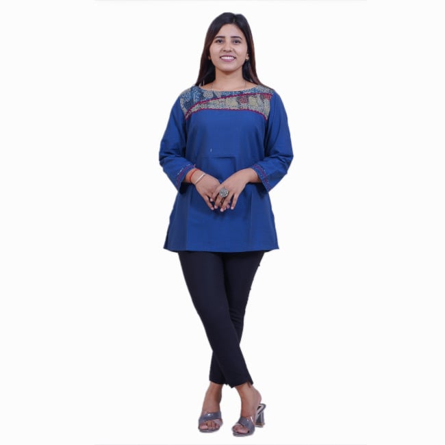Tribes India Blue Patchwork Cotton Short Kurti