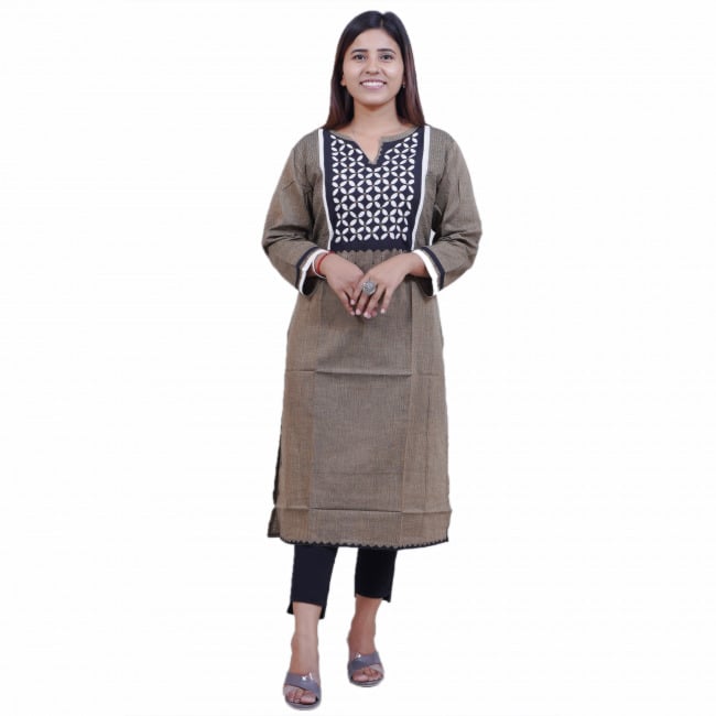 Tribes India Brown Applique Cutwork Mangalgiri Cotton Kurti