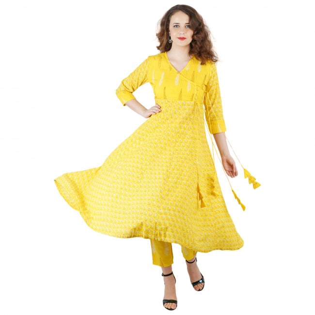 Tribes India Pintuck Yellow Angrakha Kurti Pant Set