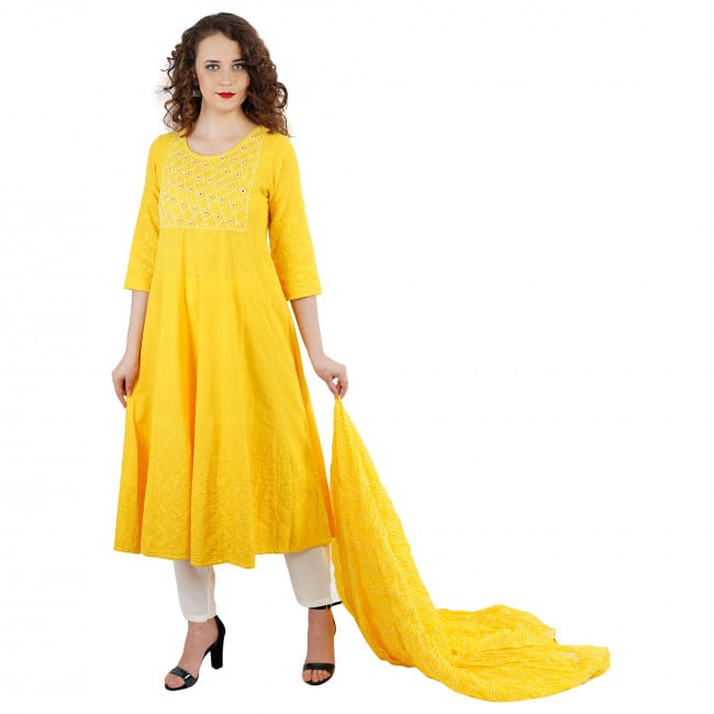 Tribes India Yellow Cotton Kantha Kurti Pant Dupatta 3 Piece Set
