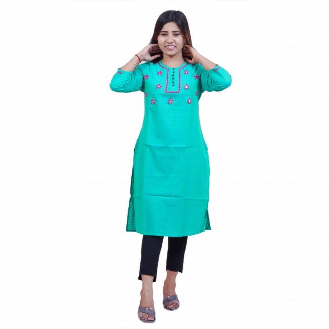 Tribes India Green Hand Embroidered Cotton Kurti With Mirror Work - M