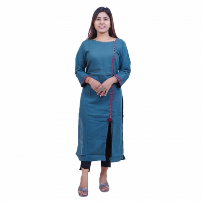 Tribes India Teal Blue Cotton Kurti – Embellished with Thread Detailing & Tassels