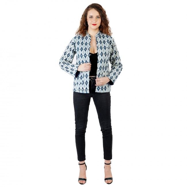 Blue Ikat Printed Double Sided Quilted Jacket - S