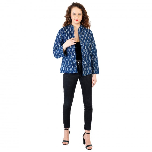 Blue & White Tree Block Printed Quilted Jacket - S
