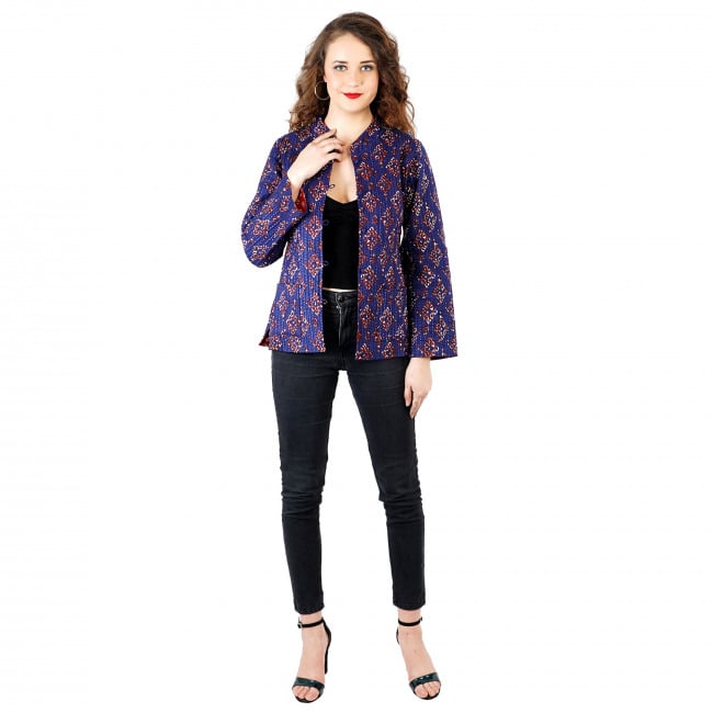 Blue Red Block Printed Double Sided Quilted Jacket - S