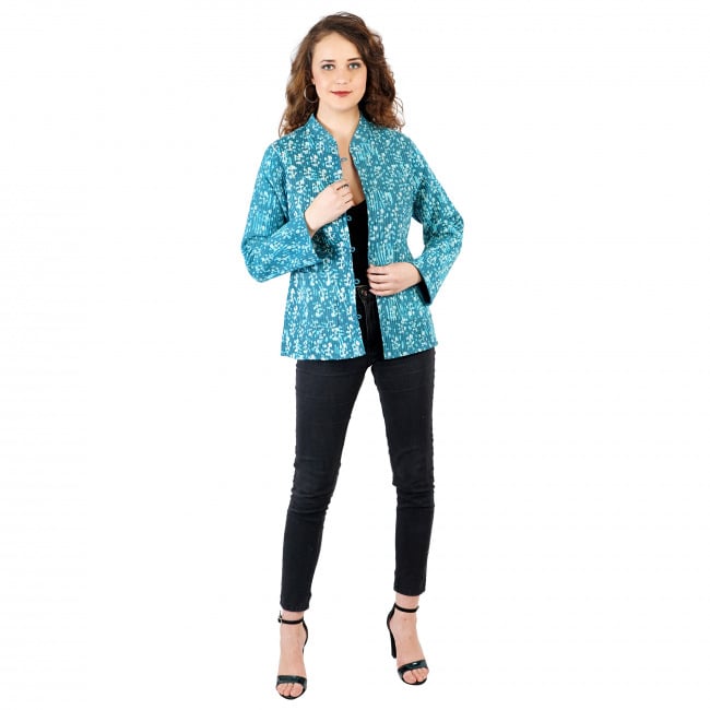 Teal Blue Block Printed Double Sided Quilted Jacket