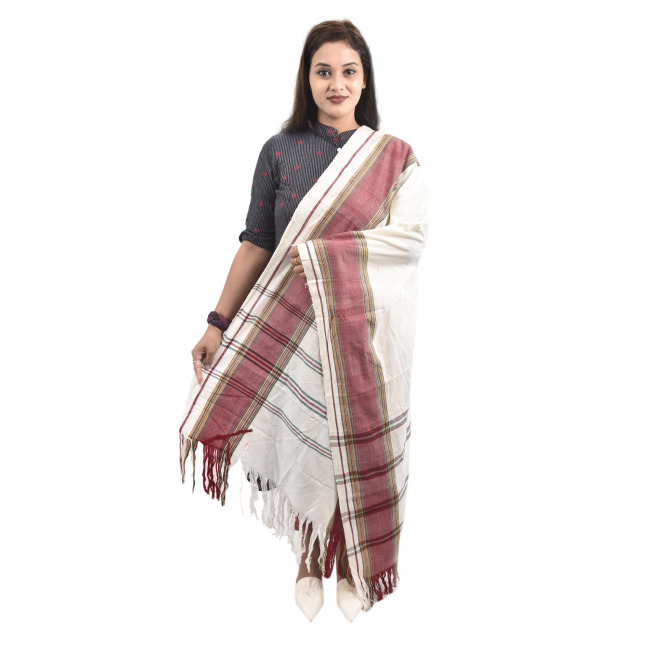 Hand Woven Cotton White Stole Dupatta for Women