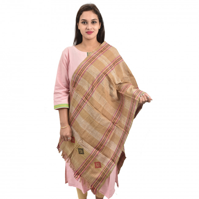 Hand Woven Brown Eri Silk Net Design Stole/Dupatta By Tribal Artisans of Assam