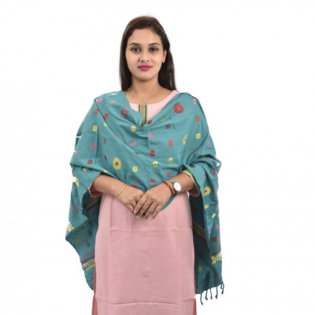 Hand Woven Floral Cotton Green Stole Dupatta for Women