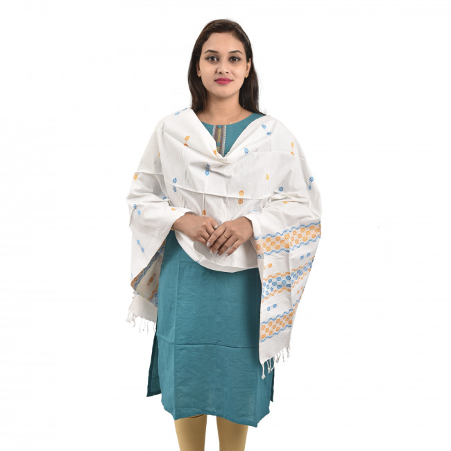 Hand Woven Cotton White Stole Dupatta for Women