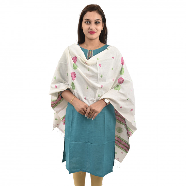 Hand Woven White Pure Cotton Stole Dupatta for Women