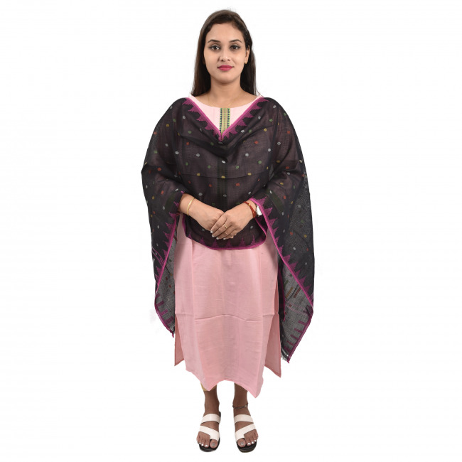 Hand Woven Black Pure Cotton Stole for Women