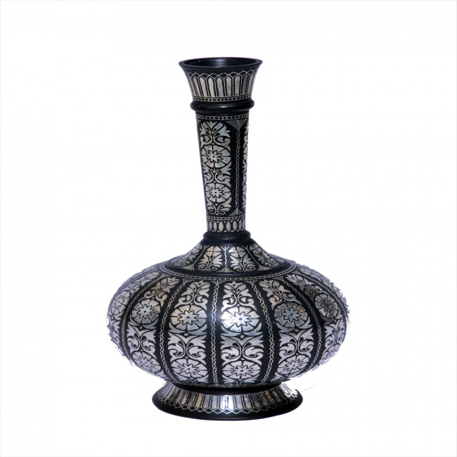 Handcrafted Bidri Surya Vase with Sheet Work – Traditional Black Metal Decorative Vase | Tribes India