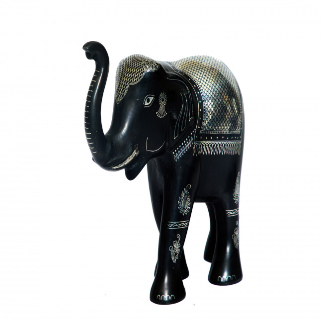 Handcrafted Bidri Elephant with Star Work – Traditional Black Metal Figurine with Silver Inlay | Tribes India