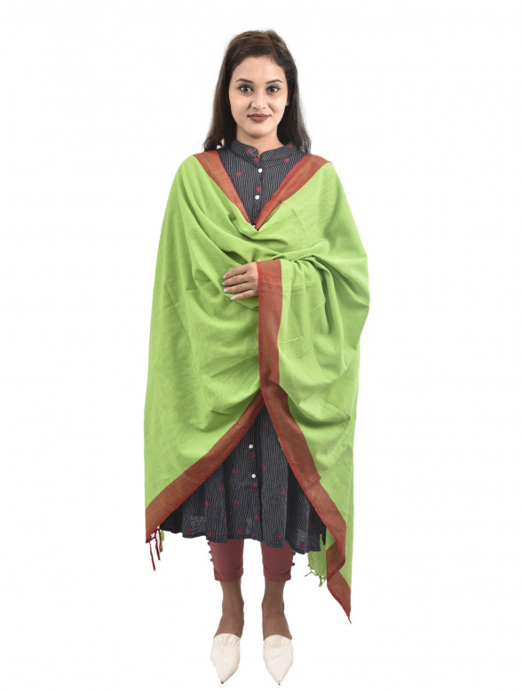 Hand Woven Cotton Green Stole Dupatta for Women
