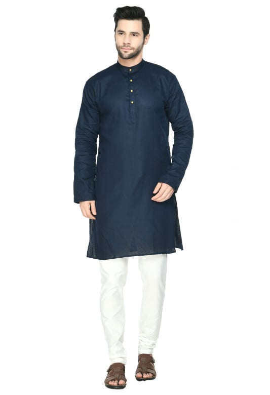 Tribes India Cotton Linen Kurta & Pyjama Set - Dark Blue
