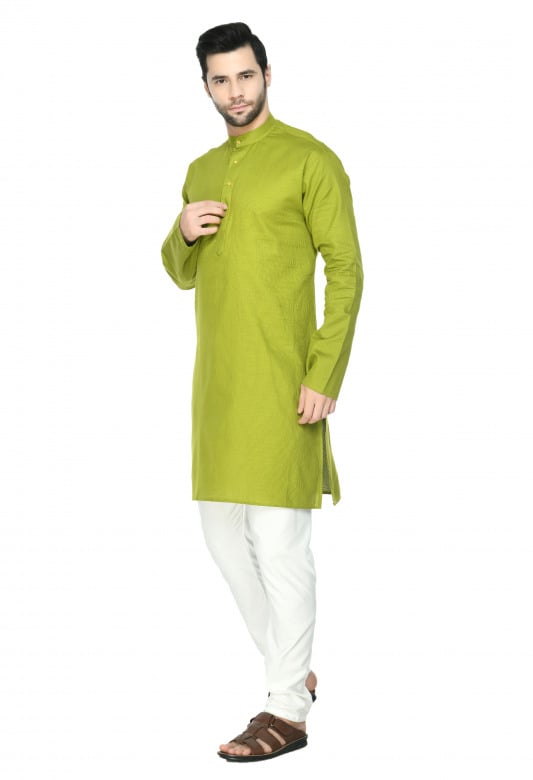 Tribes India Cotton Linen Kurta & Pyjama Set - Lime Green
