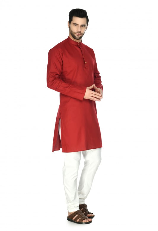 Tribes India Cotton Linen Kurta & Pyjama Set - Red
