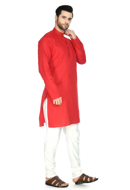Tribes India Cotton Linen Kurta & Pyjama Set - Red