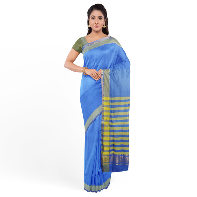 Tribes India Mangla Cotton Saree with Unstitched Blouse Piece Sky Blue Color
