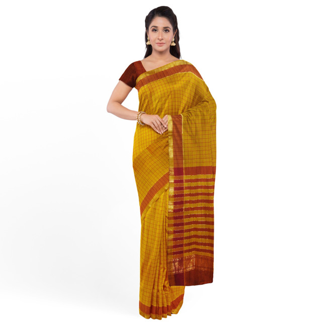 Tribes India Mangla Cotton Saree with Unstitched Blouse Piece Bronze Color
