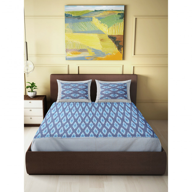 Tribes India Pochampally Ikkat Double BedSheet with Pillow Covers Denim Blue Color